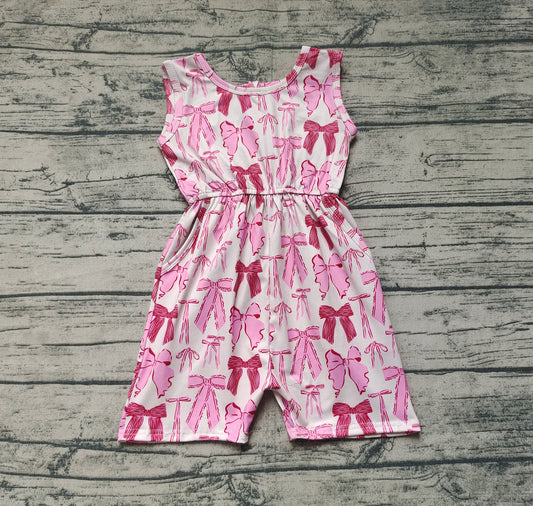 SR2670Girls Pink Summer Jumpsuit with Bow Pocket Short Sleeves Cute And Fashionable Children's Clothing