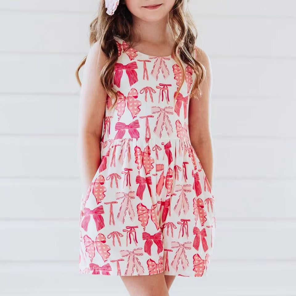 SR2670Pink short sleeves bow pocket girls summer jumpsuit