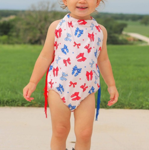 SR2675Red blue stars bow tassels baby girls 4th of july halter romper