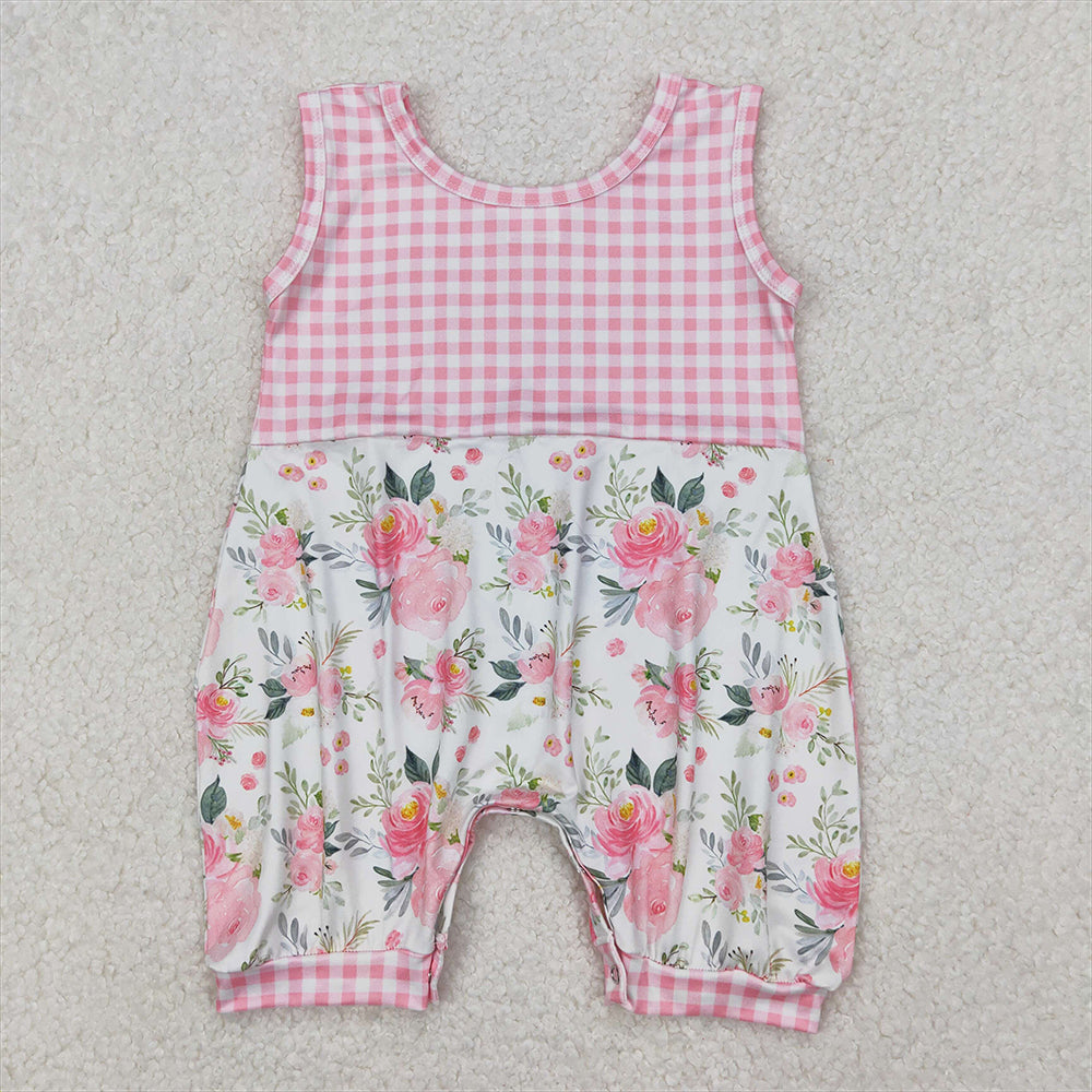 4.30 SR2678 RTS NO MOQ Sleeveless pink plaid floral baby girls summer romper