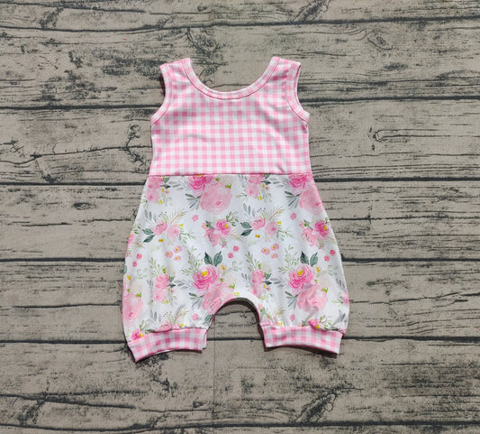 SR2678Pink Plaid Floral Sleeveless Romper for Baby Girls Summer Comfortable Cotton Outfit with Adjustable Straps