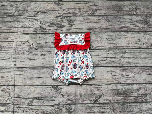 SR2680Charming Western Red Ruffle Cactus Boots Romper for Baby Girls’ 4th of July