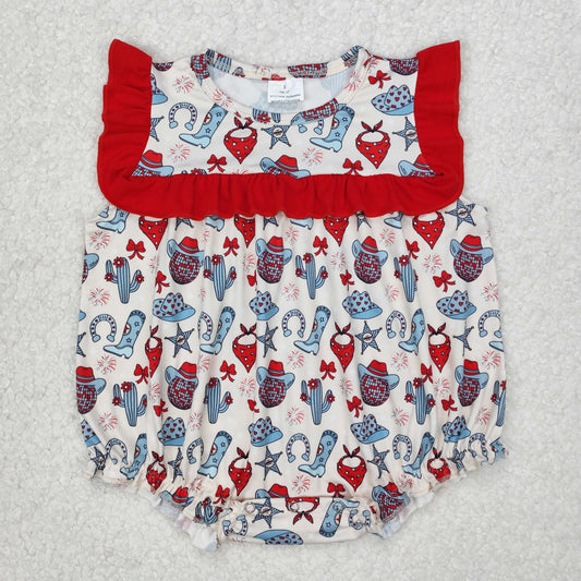 SR2680Red Ruffle Cactus Boots Western Baby Girls 4th of July Romper - Cute Country Style Outfit for Infants
