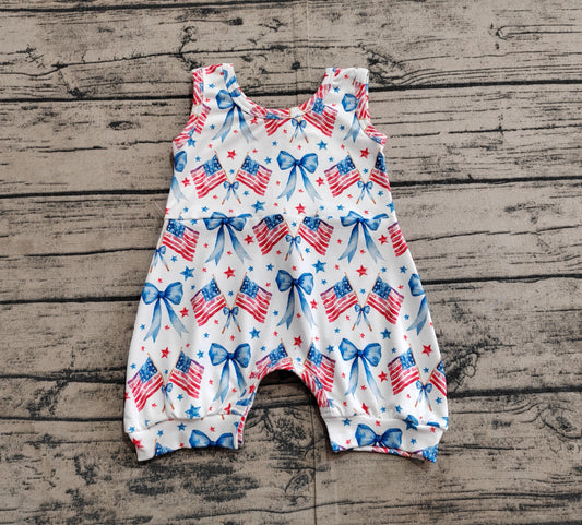 SR2681Baby Infant Girls Sleeveless Rompers 4th of July Bows Flags Outfit Summer Casual Snap Button Rompers for Little Girls