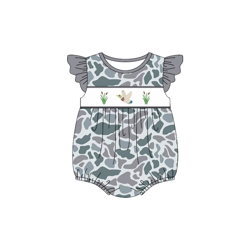 SR2684Grey flutter sleeves camo duck baby girls romper