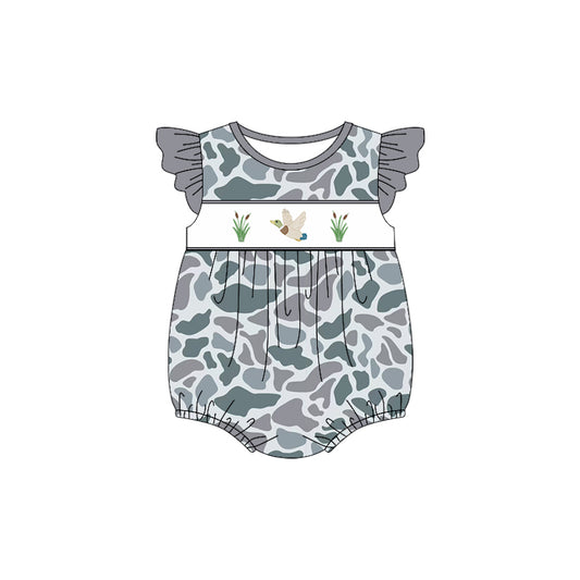 SR2684Grey flutter sleeves camo duck baby girls romper
