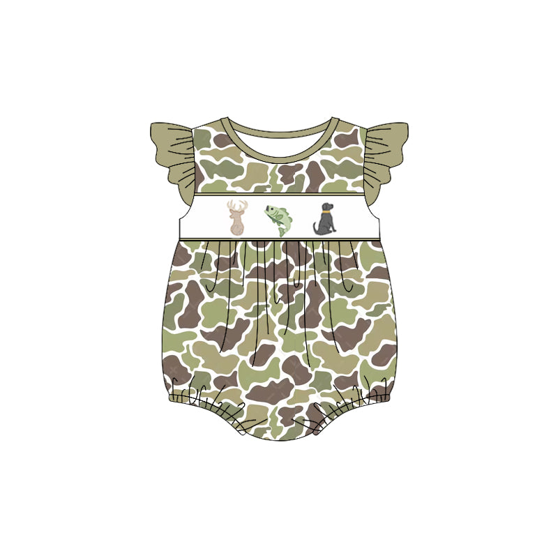 SR2686Flutter sleeves camo deer fish dog baby girls romper