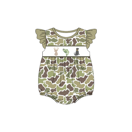 SR2686Flutter sleeves camo deer fish dog baby girls romper