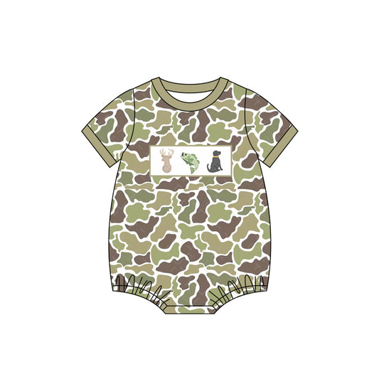 SR2687Baby Infant Boys Green Camo Deer Fish Dog Rompers