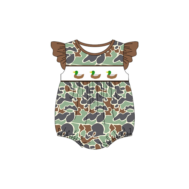 SR2688Baby Infant Girls Green Camo Ducks Rompers