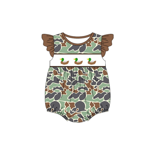 SR2688Baby Infant Girls Green Camo Ducks Rompers