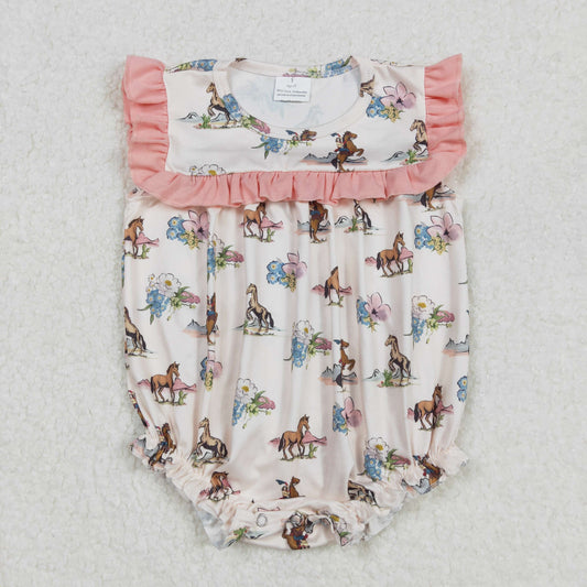 SR2690Soft and Comfy Ruffle Horse Rodeo Western Romper for Baby Girls