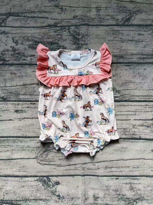 SR2690Baby Girls Ruffle Horse Rodeo Western Romper Cute Outfit for Little Girls