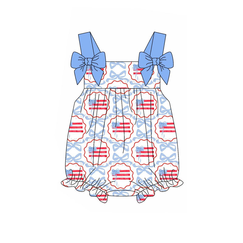 Blue straps bow flag kids girls 4th of july outfits