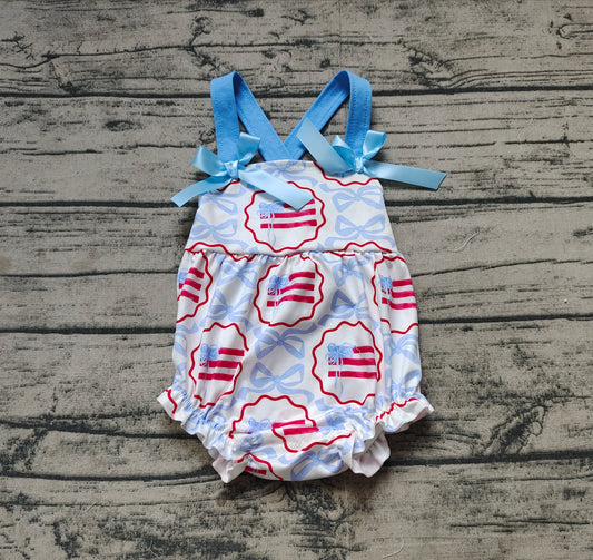 SR2691Baby Girls Blue Straps Bow Flag Romper 4th of July Outfit Summer Casual Snap Button Closure Clothing for Infants
