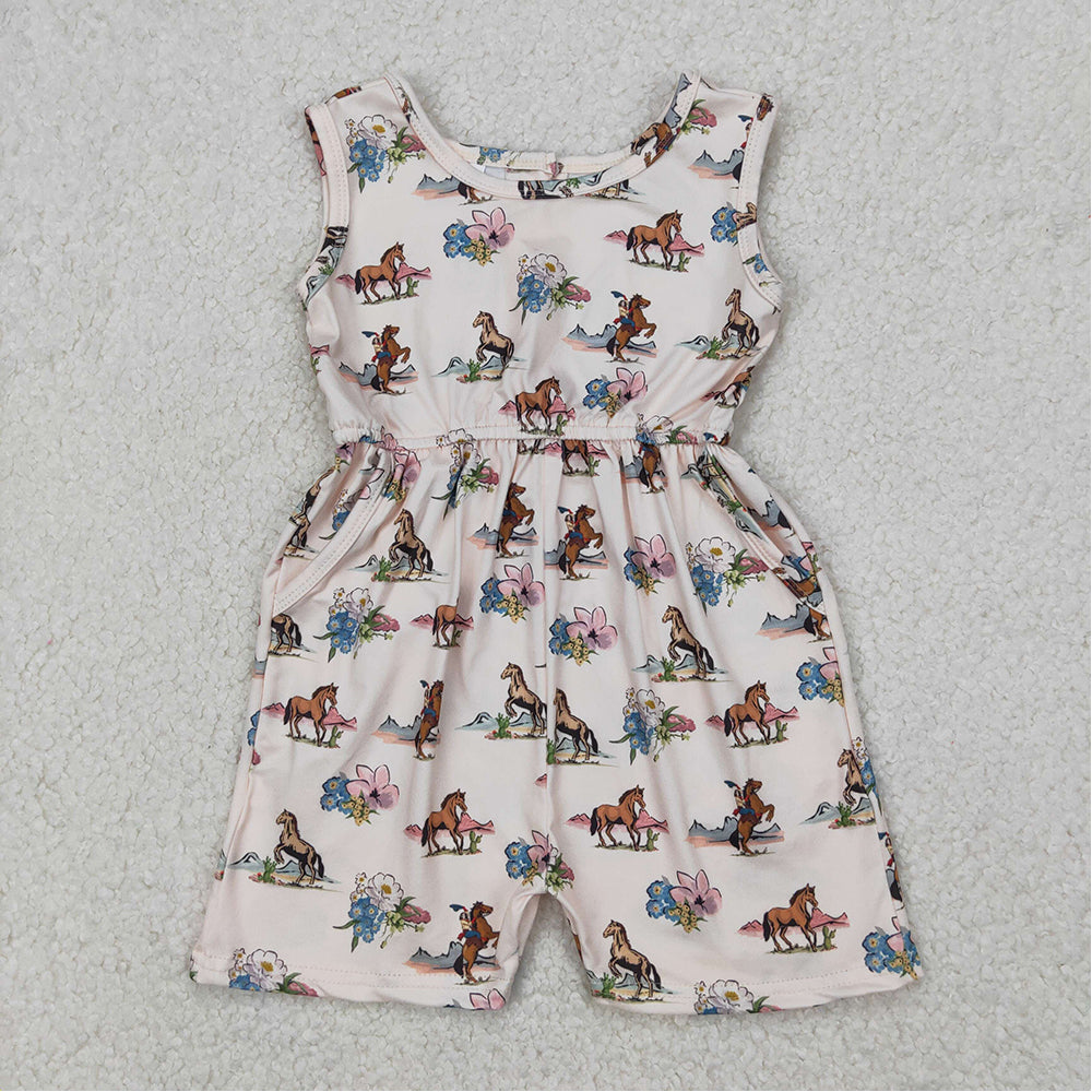 4.14 SR2695 RTS NO MOQ Sleeveless horse rodeo floral western girls jumpsuit
