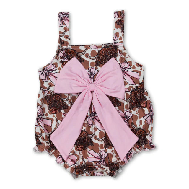 RTS Sibling Straps highland cow bow ruffle western baby girls dresses and romper