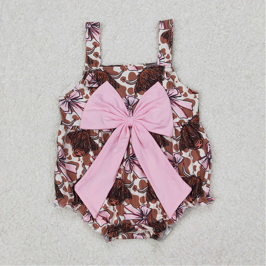 5.19  SR2697 RTS NO MOQ Straps highland cow pink bow western baby girls romper