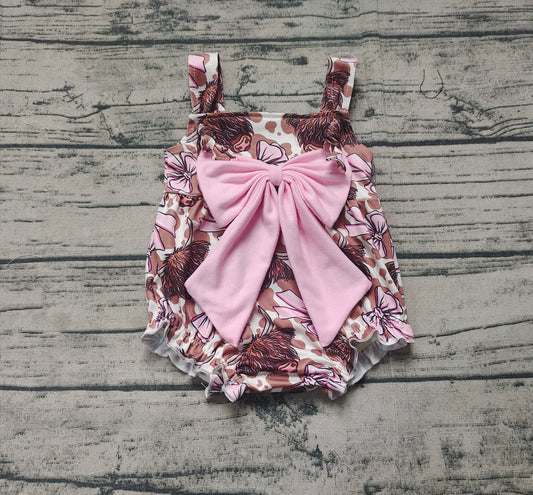 SR2697Charming Straps Highland Cow Pink Bow Western Romper for Baby Girls