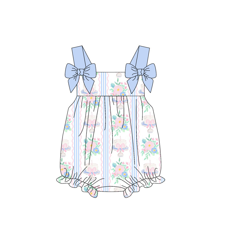 Baby Girls Blue Bows Strap Floral Stripe Tunic Ruffle Short Set