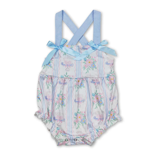 RTS Sibling Light blue straps floral cake bow Happy Birthday girls clothes dress and romper