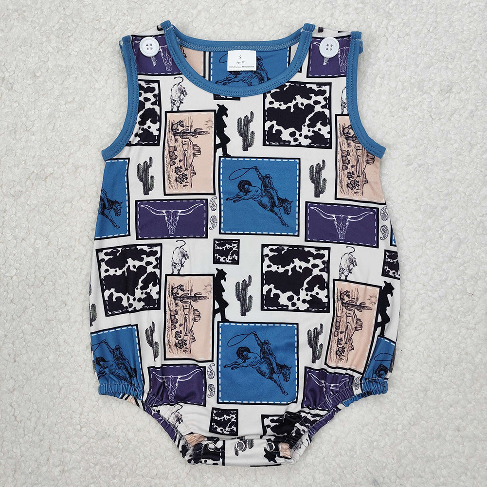 SR2700Cactus Rodeo Western Sleeveless Romper for Baby Boy Comfortable Breathable Summer Outfit with Cactus Print