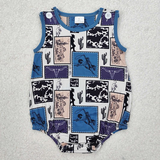 SR2700Cactus Rodeo Western Sleeveless Romper for Baby Boy Comfortable Breathable Summer Outfit with Cactus Print