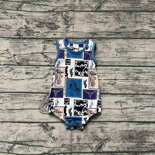 SR2700Cactus Rodeo Western Sleeveless Romper for Baby Boy Comfortable Breathable Summer Outfit with Cactus Print