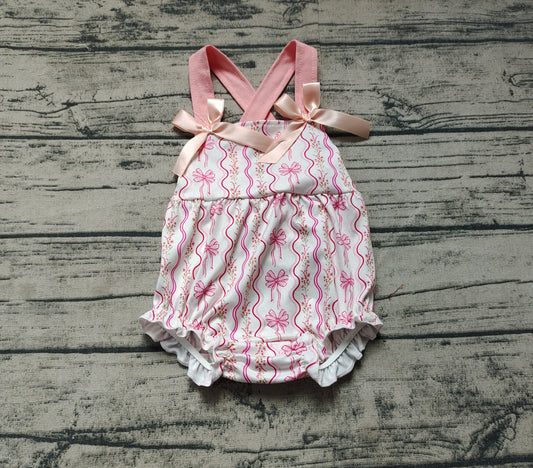 SR2704Floral Baby Girls Summer Romper with Pink Straps Bow - Cute Infant Outfit for Girls