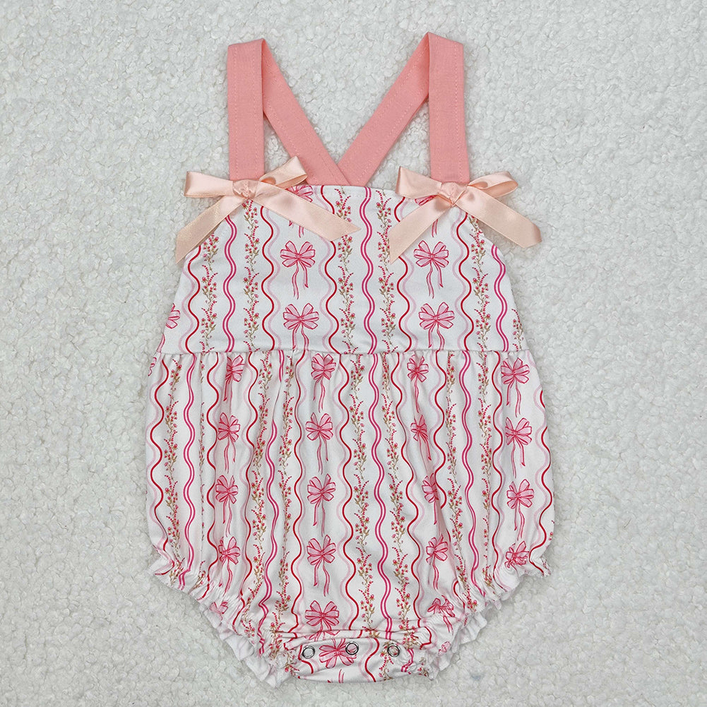 SR2704Floral Baby Girls Summer Romper with Pink Straps Bow - Cute Infant Outfit for Girls