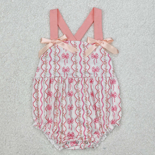 SR2704Floral Baby Girls Summer Romper with Pink Straps Bow - Cute Infant Outfit for Girls