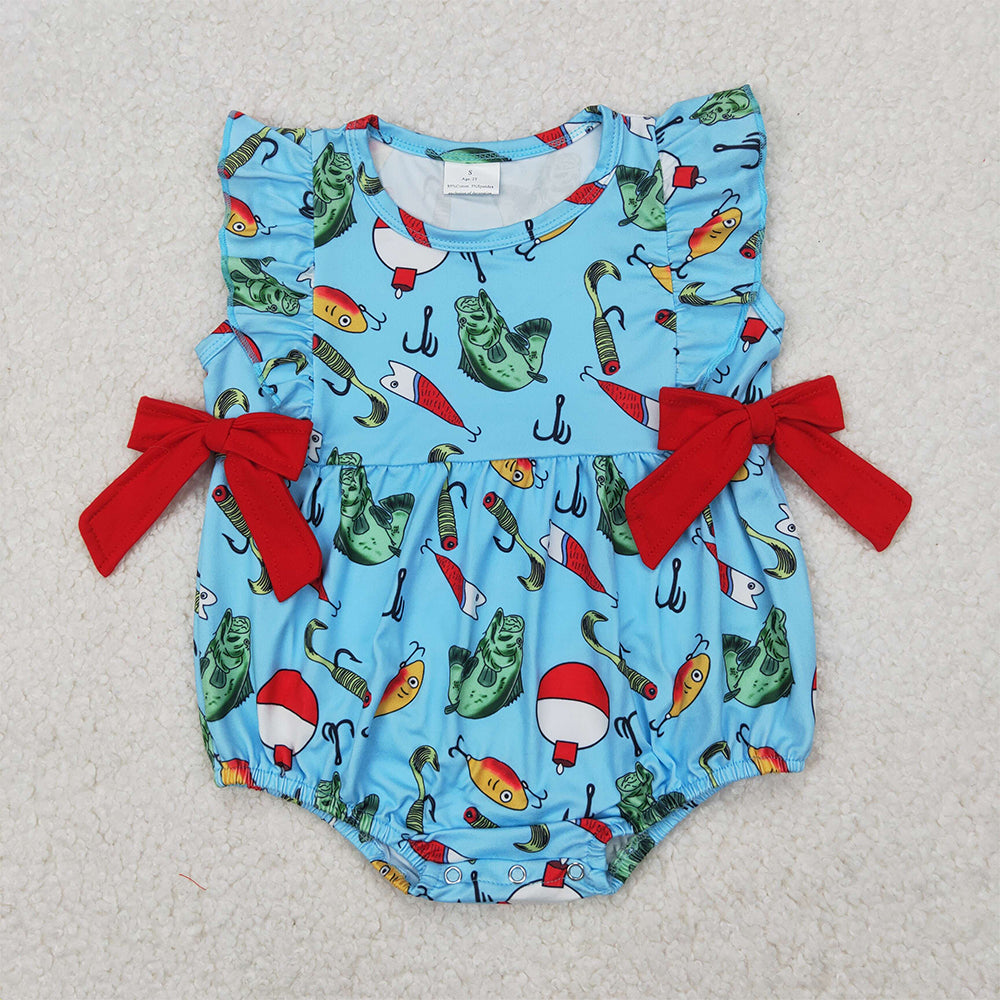 4.08 SR2708 RTS NO MOQ Baby Girls Summer Romper Blue Sleeveless Red Bows Top Fishes Hunting Rompers