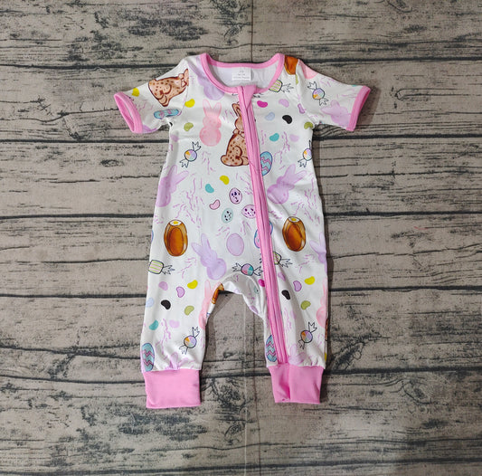 SR2712Pink Zip Romper Short Sleeves Easter Themed Rabbit Design Baby Girls Outfit for Spring