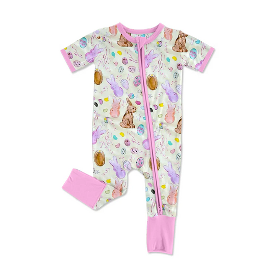 SR2712Baby Infant Girls Pink Easter Rabbits Zip Rompers
