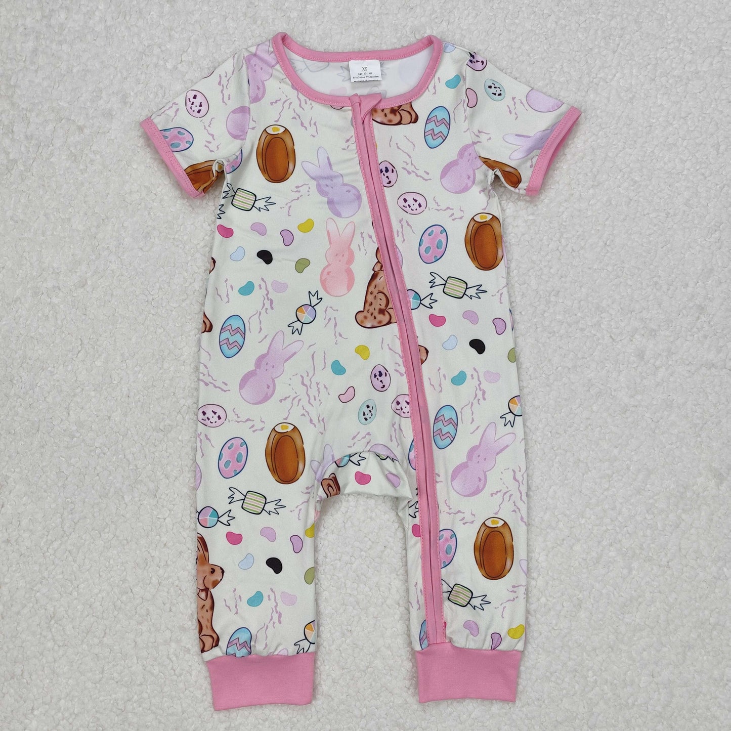 SR2712Pink Zip Romper Short Sleeves for Baby Girls Easter Themed Rabbit Design Baby Girl's Outfit Pink Rompers for Spring