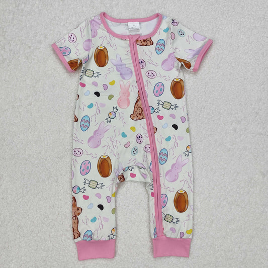 SR2712Pink Zip Romper Short Sleeves for Baby Girls Easter Themed Rabbit Design Baby Girl's Outfit Pink Rompers for Spring