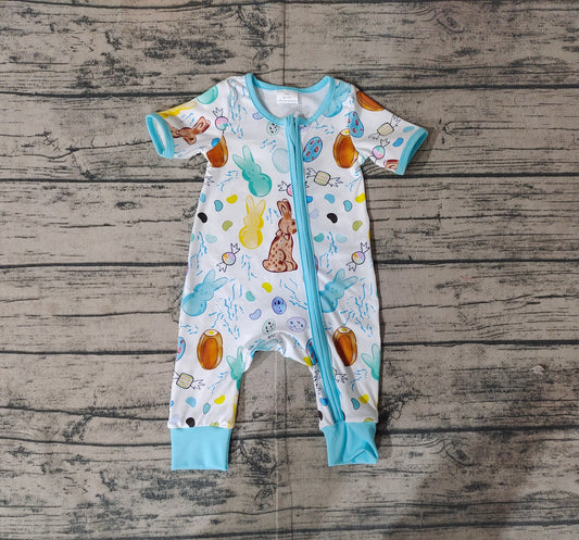 SR2713Blue Easter Zip Romper Short Sleeves for Baby Boys with Rabbit And Eggs Design Baby Outfit for Spring