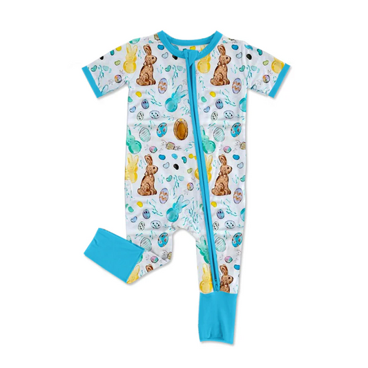 SR2713Baby Girls Blue Short Sleeves Bunny Eggs Easter Zipper Rompers