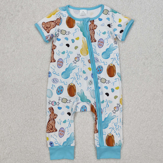 SR2713Blue Easter Zip Romper Short Sleeves for Baby Boys with Rabbit And Eggs Design Baby Outfit for Spring