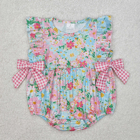 SR2719Baby Girls Ruffle Floral Pink Plaid Bow Summer Romper Cute Infant Outfit with Bow Detailing for Little Girls