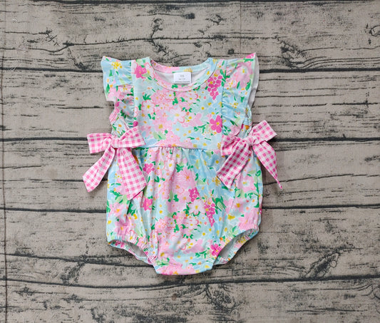 SR2719Adorable Ruffle Floral Pink Plaid Bow Baby Girls Summer Romper