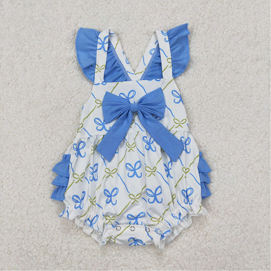 4.18 SR2720 RTS NO MOQ Light blue flutter sleeves ruffle bow baby girls romper