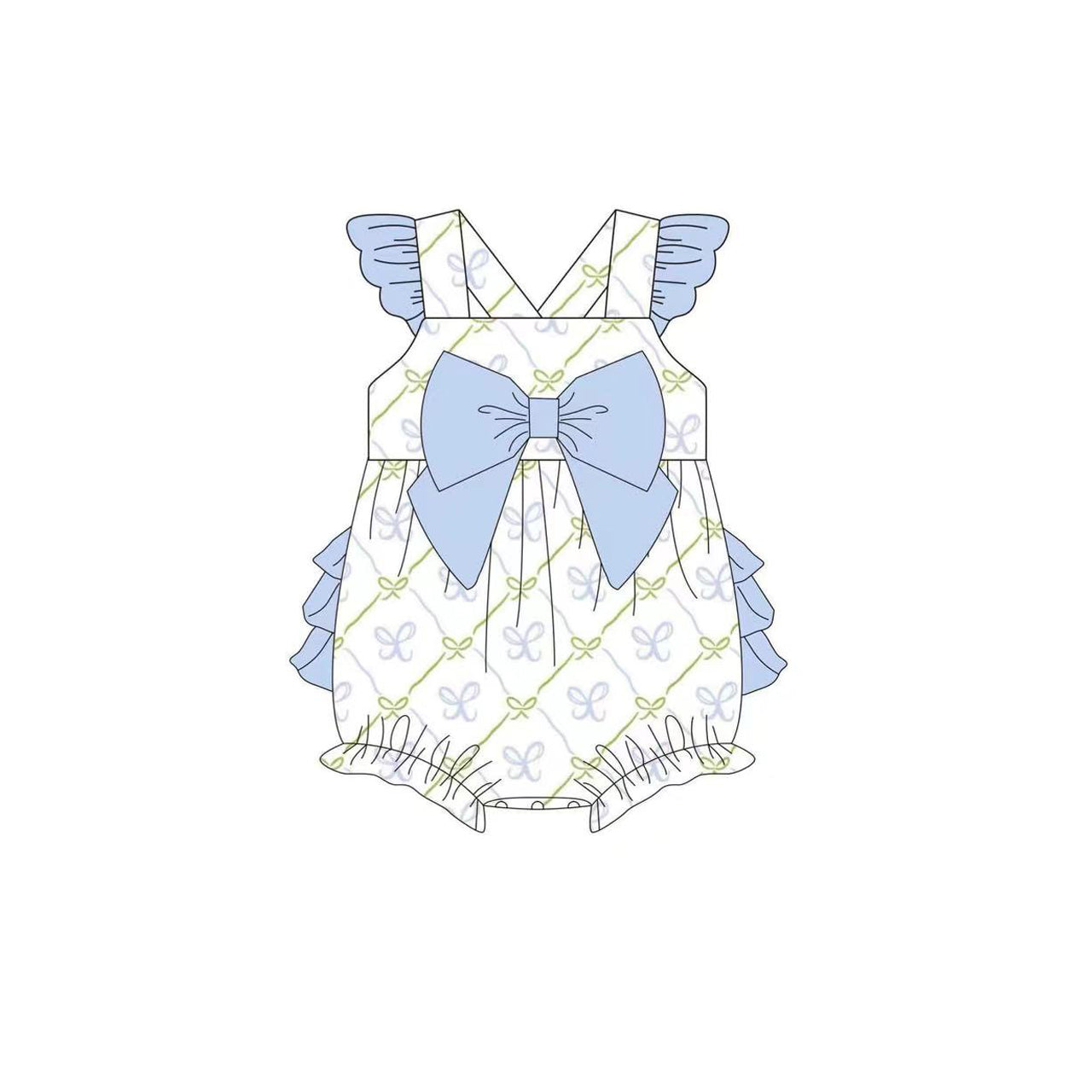 Baby Girls Blue Flutter Sleeves Bows Plaid Tunic Ruffle Shorts Set