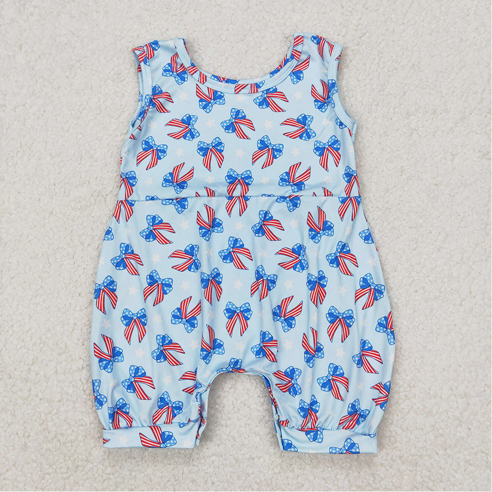4.26 RTS NO MOQ Baby Girls Sleeveless Dress Blue Stars Stripe Bows Fourth of July Outfit for Toddlers