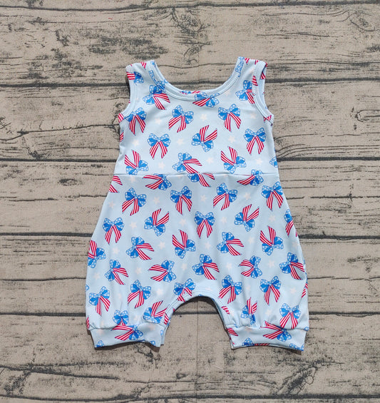 SR2729Light Blue Striped Romper with Bow Baby Girls 4th of July Stars And Stripes Bow Tie Baby Girl's Outfit for Independence Day