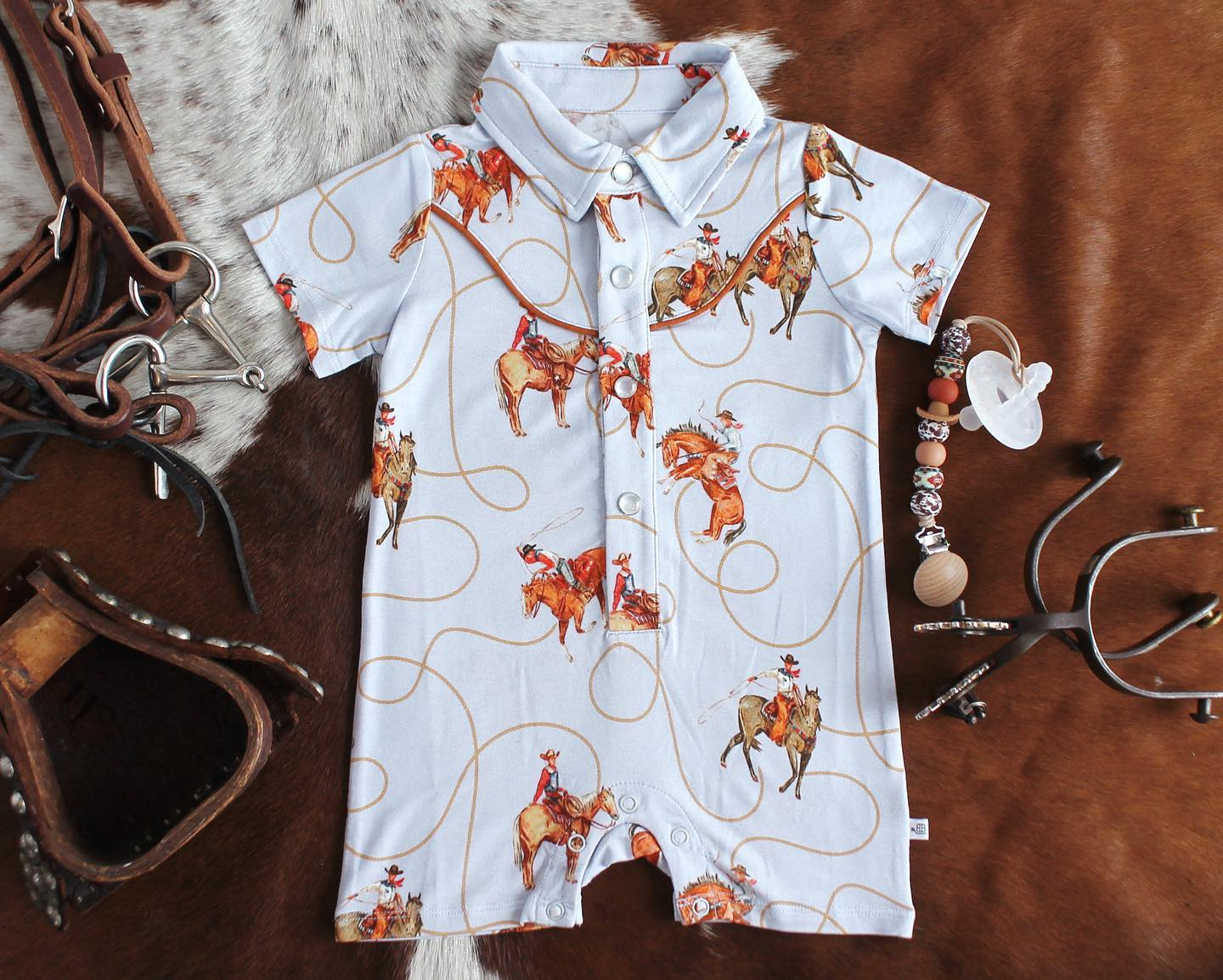 SR2737Baby Boy Polo Romper, Short Sleeves, Rodeo Horse, Western Baby Boy