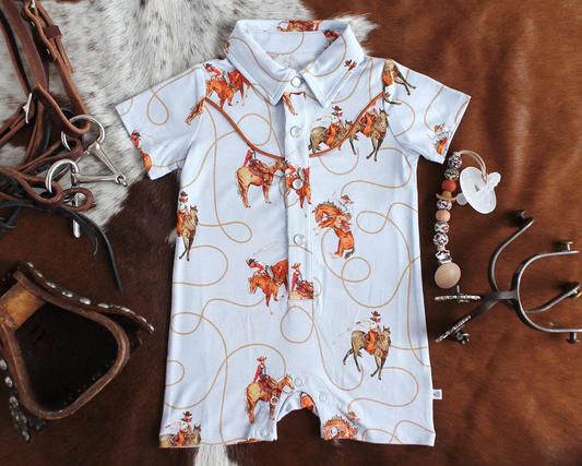 SR2737Baby Boy Polo Romper, Short Sleeves, Rodeo Horse, Western Baby Boy