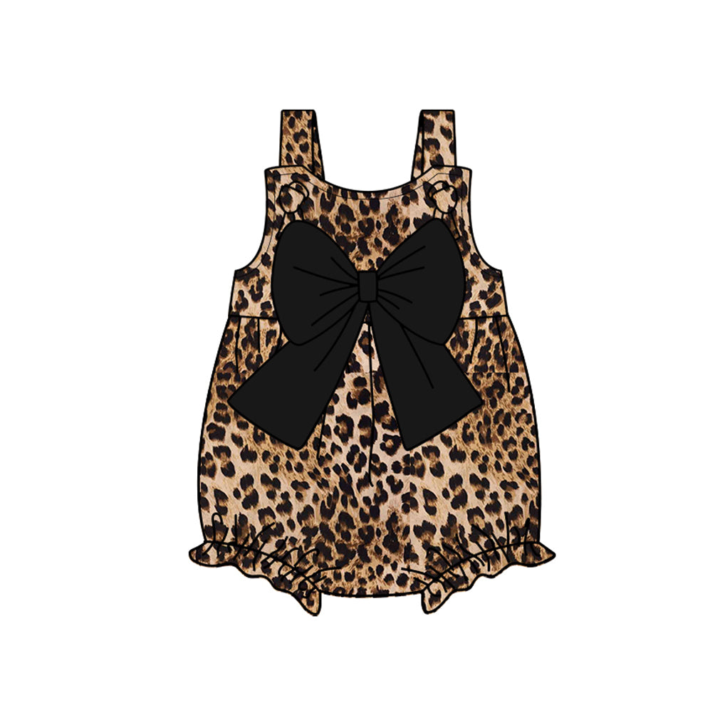 Girls Leopard Straps Black Bow Tunic Short Set Cute Animal Print Outfit for Kids