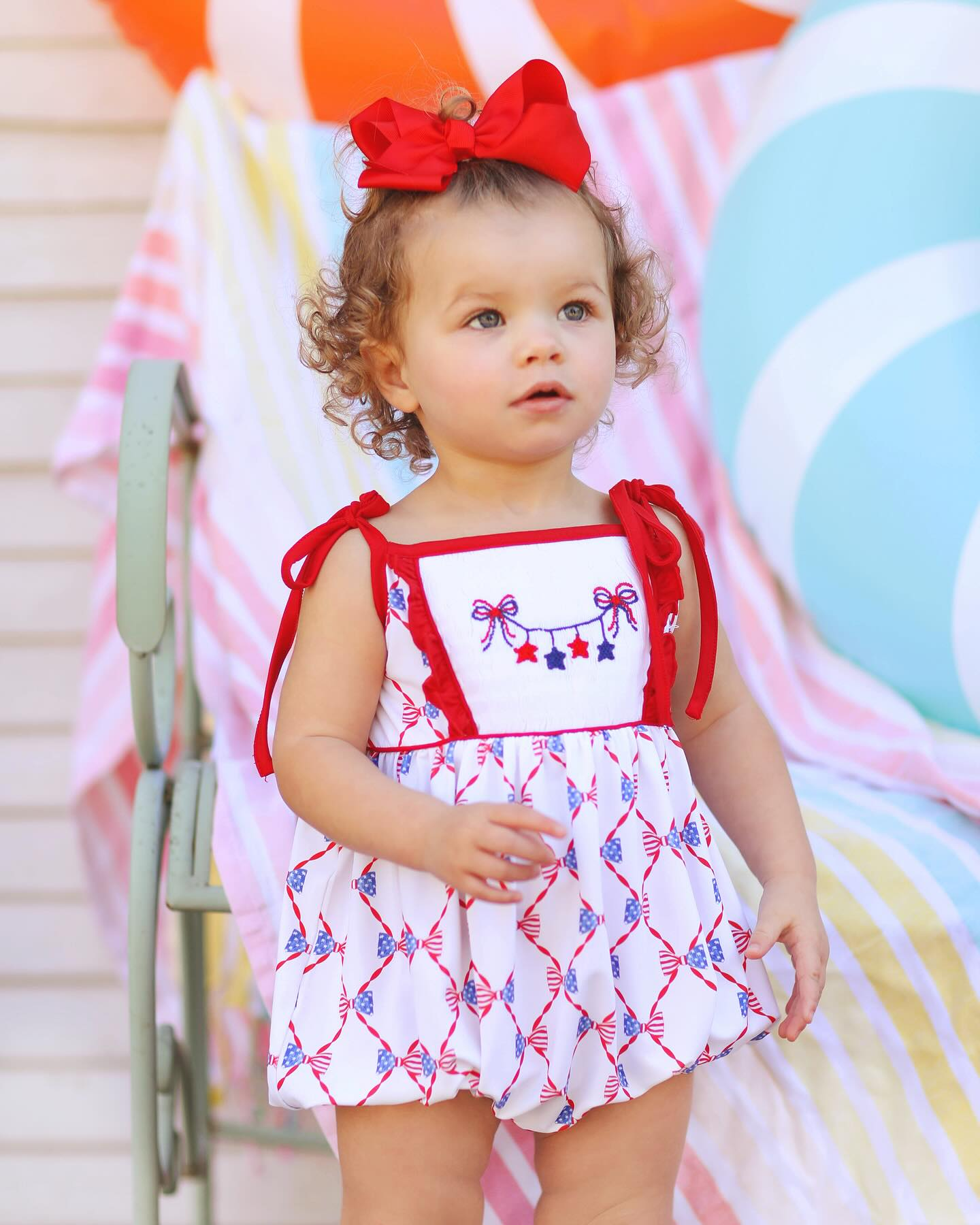 SR2740Baby Girls Red Blue Bow Romper with Straps Star Design for 4th of July USA Independence Day Celebration Outfit
