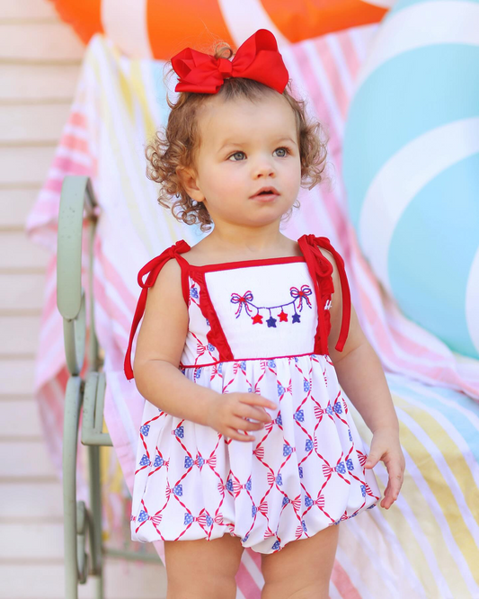 SR2740Baby Girls Red Blue Bow Romper with Straps Star Design for 4th of July USA Independence Day Celebration Outfit
